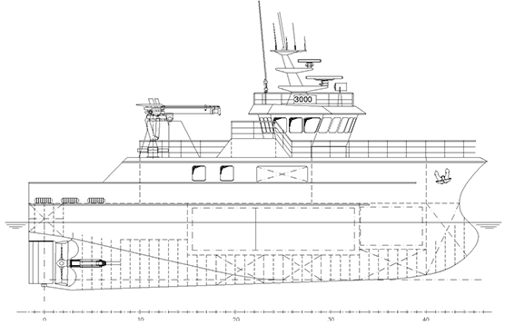 Изначальный вариант «основного» корпуса рыболовного судна со стандартной формой носовой оконечности с бульбом