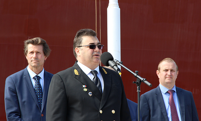 Церемония спуска на воду портового ледокола "Обь" на ВСЗ 21 июня 2018 года